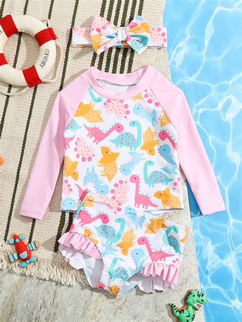 Baby Dinosaur Print Ruffle Trim Bikini Swimsuit Headband