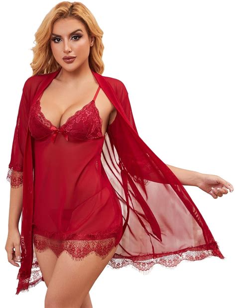 LOFIR Women Sexy Lingerie Set 3 Piece Lace Kimono Robe Strap Chemise Sleepwear Mesh Nightgown