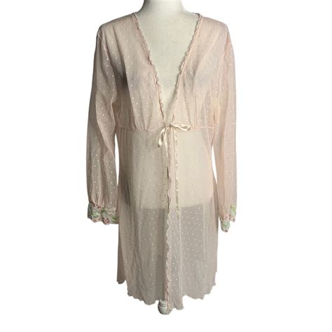 Vintage Sheer Lingerie Robe Nightgown Xl Pink Polka Dots Tie Front Lettuce Hem Etsy