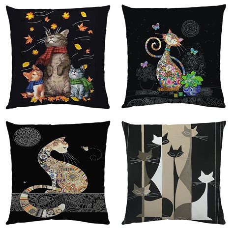 Lovely Cat Print Black Pillowcase New Design Short Plush Linen Cushion