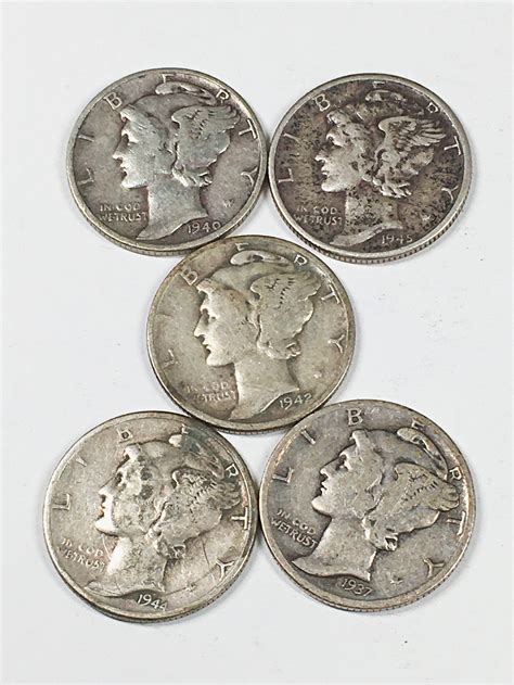 Lot of Five (5) Mercury head Dimes: 1940, 1944, 1937, 1945-D & 1942