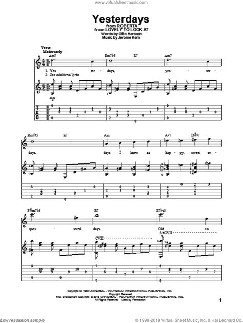 Jerome Kern Yesterdays Sheet Music For Guitar Solo Pdf