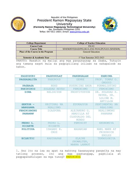 Group 1 QUIZ Academic Purposes Republic Of The Philippines