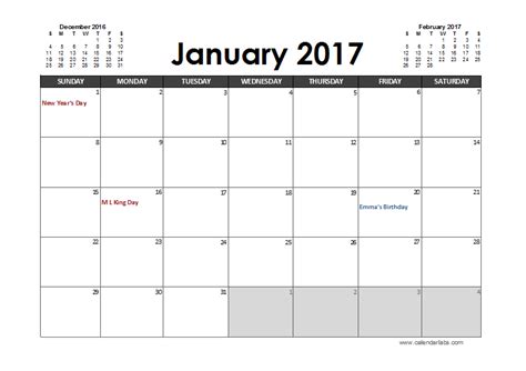 2017 Calendar Printable Excel