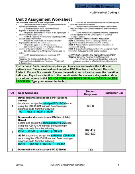 Hi Unit Assignment Worksheet B Hi Medical Coding Ii Unit