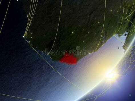 Liberia On Model Of Planet Earth With Network During Sunrise Concept