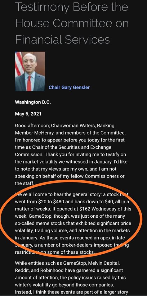 The testimony of Chair Gary Gensler to the SEC... : r/Superstonk