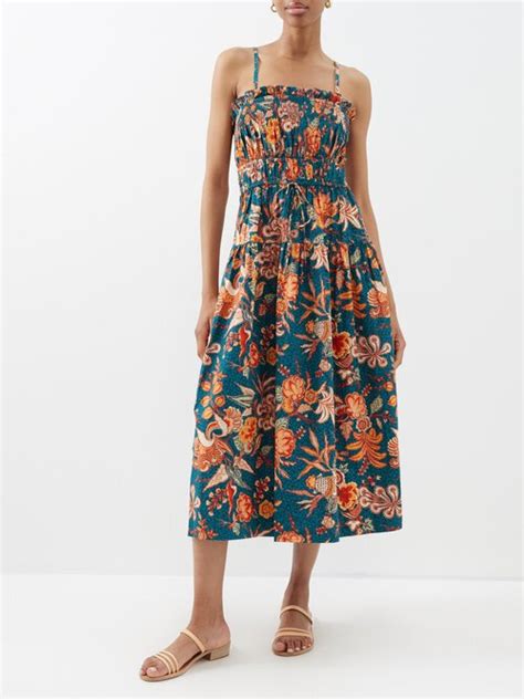 Ulla Johnson Lisbet Floral Print Cotton Poplin Midi Dress Blue Multi