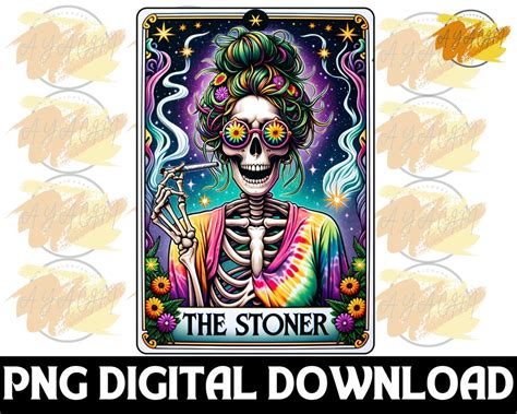 The Stoner Skeleton Tarot Card PNG Colorful Witchy Weed Pot Smoker Png