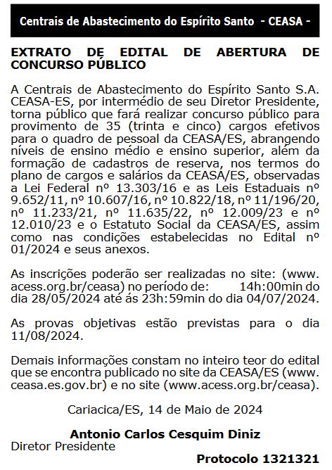 Concurso Ceasa Es Edital Ainda Hoje Confira