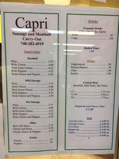 Menu At Capri Restaurant Steubenville