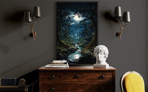 Gothic Wall Art Dark Forest and Moon, Enchanted Forest Painting Poster ...