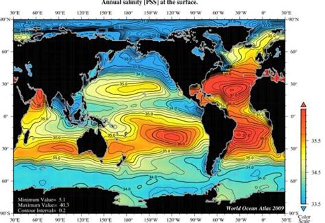 Salinidad promedio anual de la superficie de los océanos Fuente