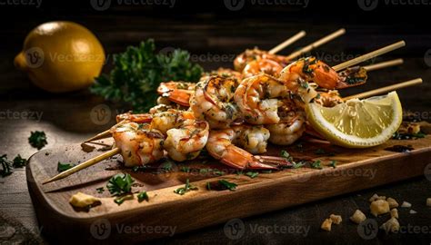 Grilled seafood skewers on rustic wooden plate generated by AI 25118497 ...