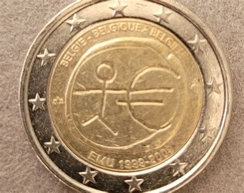 Seltene 2 Euro Münze Strichmännchen Fehlprägung Belgien EMU 1999 2009