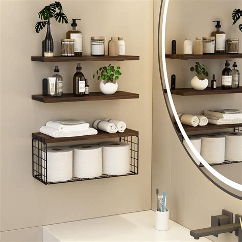 Lyniture Wall Mounted Floating Shelves With Wire Storage Basket Rustic Wood Bathroom Shelves