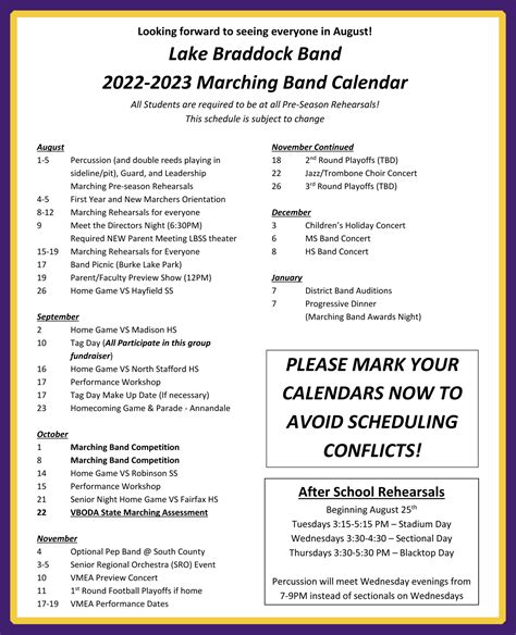 2022-2023 Marching Band Calendar – Lake Braddock Band