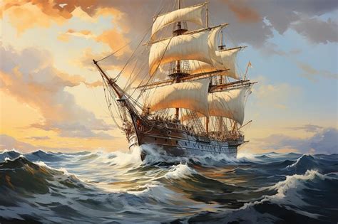 Premium Photo | Sailing Ship at Sea Oil Painting