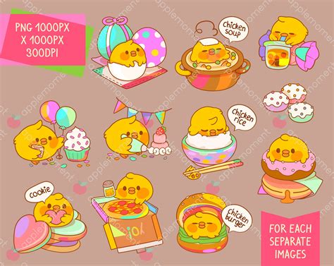 Cute Kawaii Printable Digital Stickers Clipart Rainbow Chick Duck Food