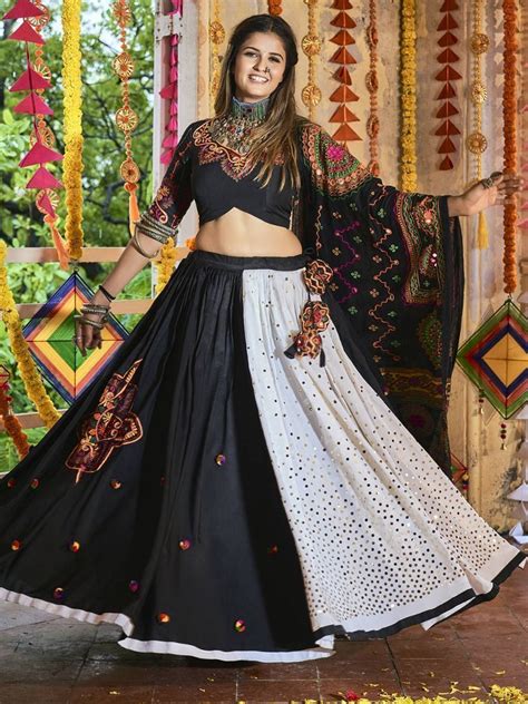 Buy Black White Cotton Mirror Navratri Festival Lehenga Choli From