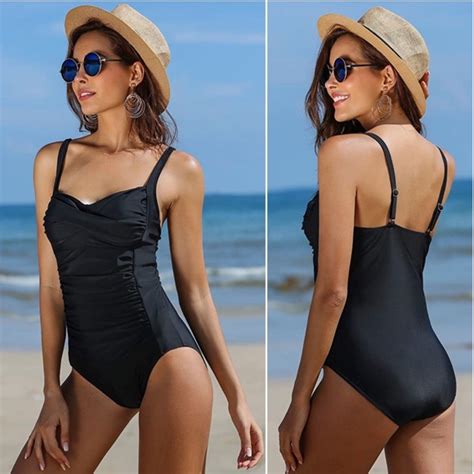 Ekouaer Swim New Ekouaer Black Shirred Tummy Control One Piece Swimsuit Poshmark