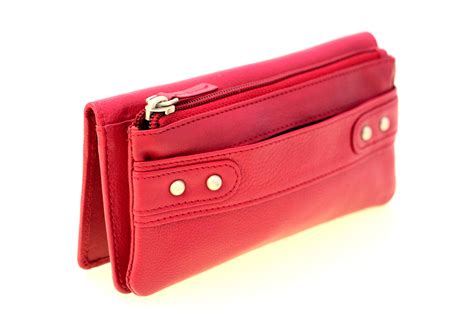 Womens Genuine Leather Clutch Wallet Large Zipper Pocket Outside Button