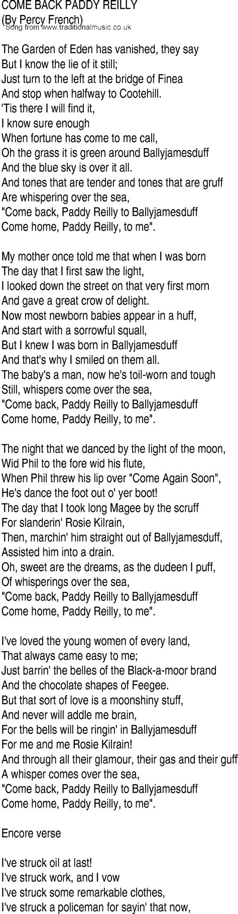 Irish Music Song And Ballad Lyrics For Come Back Paddy Reilly