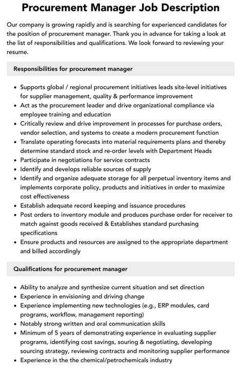 Procurement Manager Job Description Velvet Jobs