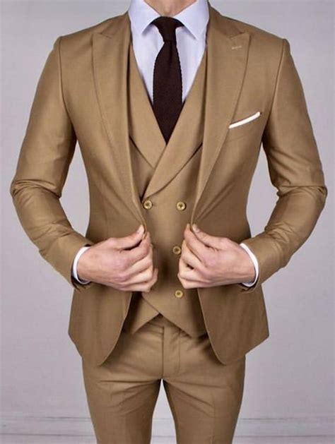 Mens Khaki 3 Piece Formal Wear Suit Slim Fit One Button Etsy Uk