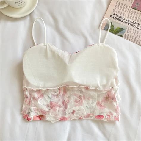 Flower Outer Wear Tube Top With Pads Backless Chiffon Camisole Floral