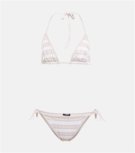 Balmain Striped Logo Print Bikini In White Nude Modesens