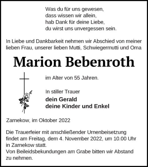 Traueranzeigen Von Marion Bebenroth Trauer Nordkurier