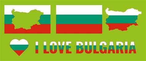 Set of vector illustrations with flag of Bulgaria, country outline map ...