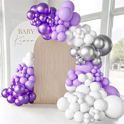 105pcs Purple Silver White Balloon Garland Different Size Metallic