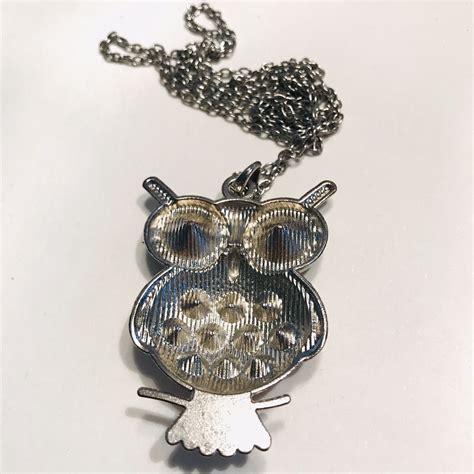 Silvertone Black Eye Owl Pendant Pink Rhinestones Body 30 Necklace