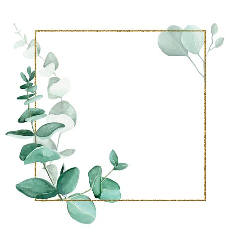 Golden Glitter Frame With Watercolor Eucalyptus Leaves Isolated On