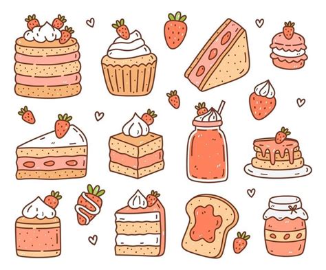 Cute set with strawberry desserts and drinks isolated on white background. Vector hand-drawn ill ...