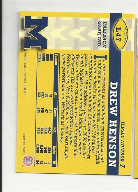 TK Legacy Drew Henson Michigan Football College Football Card EBay