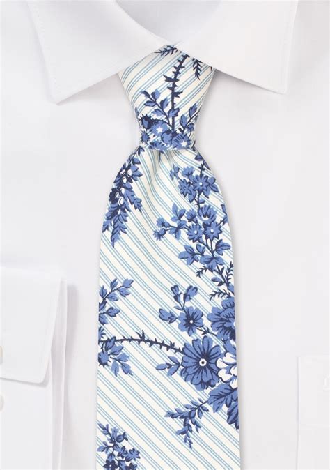 Striped Floral Necktie Flower Print Necktie With Stripes In Blue