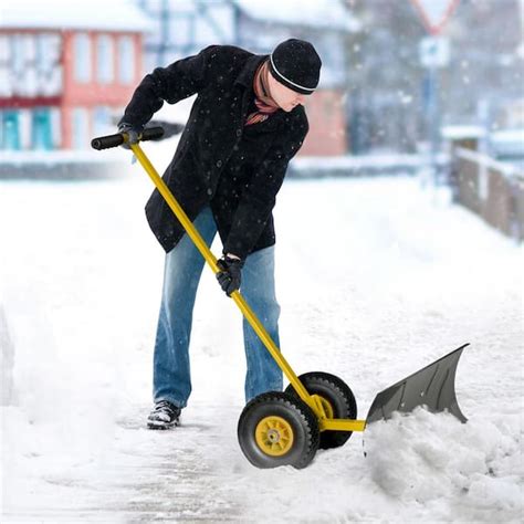 Snow Shovel Winter Ice Removal Plow Adjustable Pusher Blade Wheels Heavy Duty Garden Snow ...