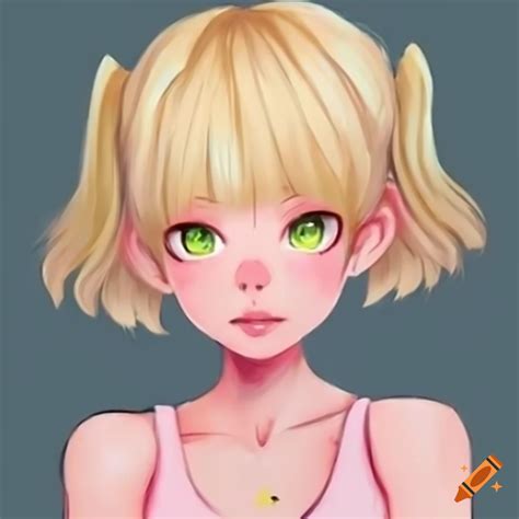 Anime Girl With Blonde Hair And Green Eyes In A Pink Sleeveless T Shirt On Craiyon