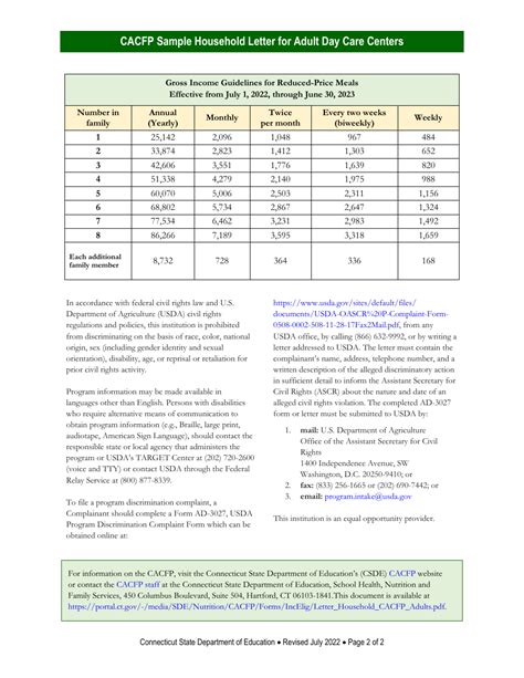 Connecticut CACFP Sample Household Letter For Adult Day Care Centers