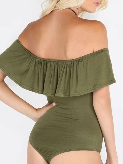 Olive Green Ruffle Off The Shoulder Bodysuit Shein Sheinside