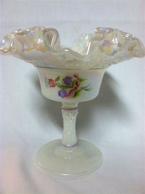 Beautiful Fenton Hand Painted Carnival Glass Crimped Compote Dish Etsy