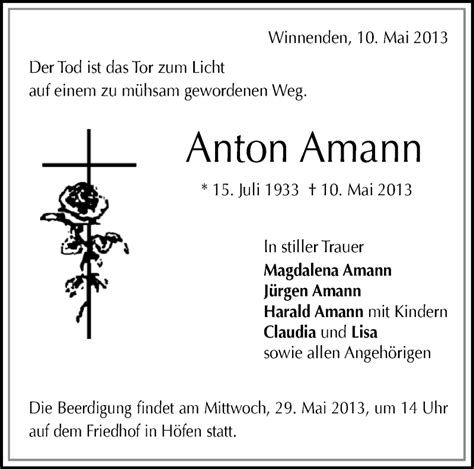 Traueranzeigen Von Anton Amann Zvw Trauer