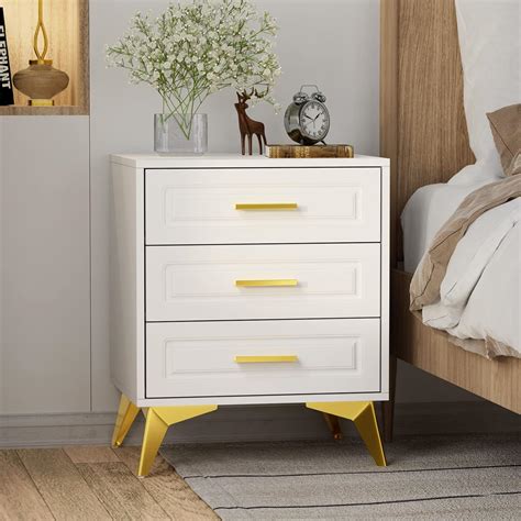 Giluta White Nightstand With 3 Drawers Modern Night Stand