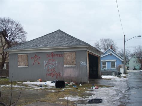 MOB PIRU Blood Gang graffiti on an abandoned garage in Niagara Falls ...