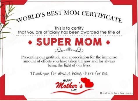 Mothers Day World Best Mom Certificate Best Wishes Love My