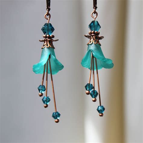 Aqua Blue Dangle Earrings Flower Earrings Copper Earrings Lucite