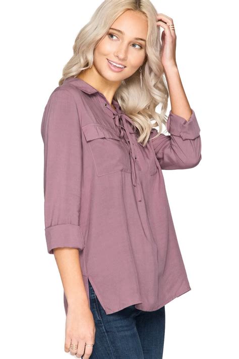 Lace Up Shirt With Pockets Dusty Mauve Blouse Top Blouse Fashion Clothes Women